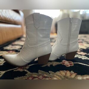 White Croc-Embossed Ankle Boots